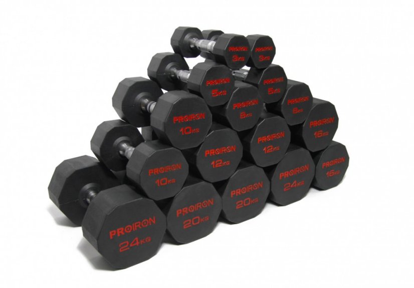 PROIRON pogumované jednoručné činky 3 - 24 kg (9 párov)