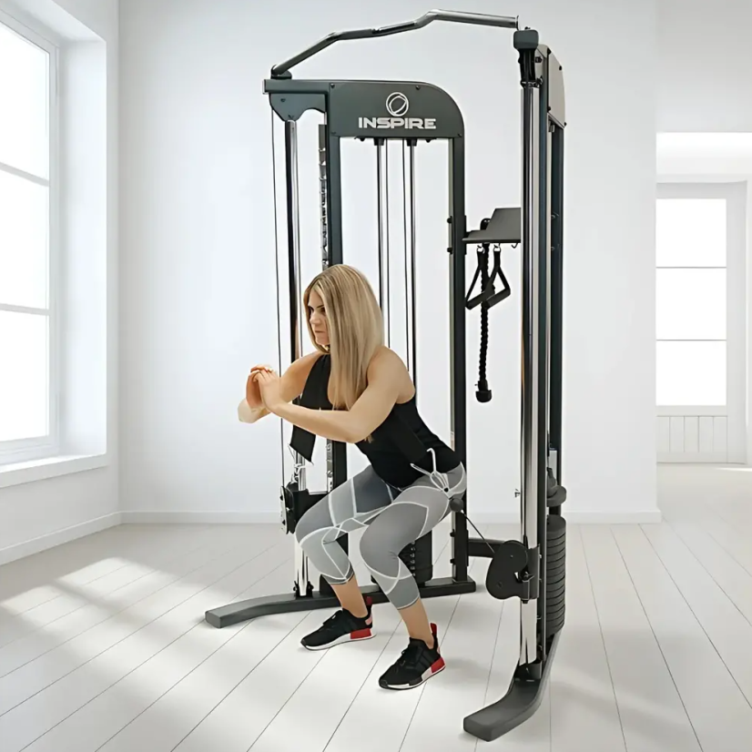 Multifunkčný posilňovací stroj INSPIRE; Functional Trainer, tehličkové závažie (2 x 75 kg)